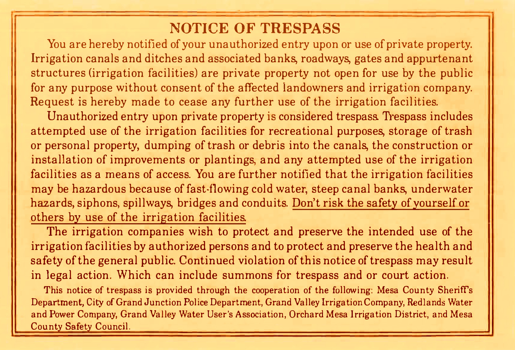 orange notice of trespass card explaining notification of unauthorized entry onto private property