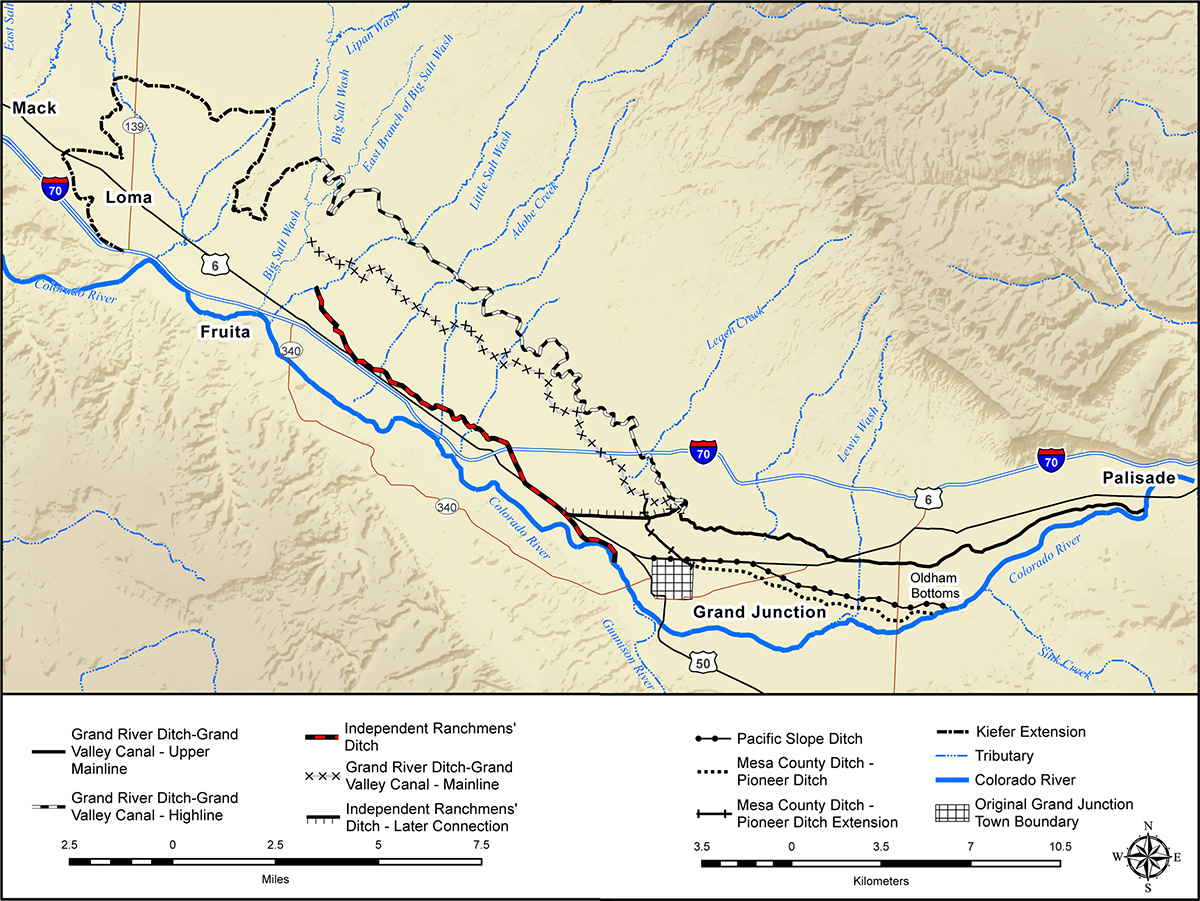 map of Grand Valley Irrigation District's historical ditches